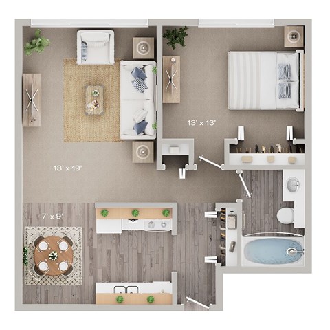 Floor plan for 1 bed, 1 bath, 685 sqft